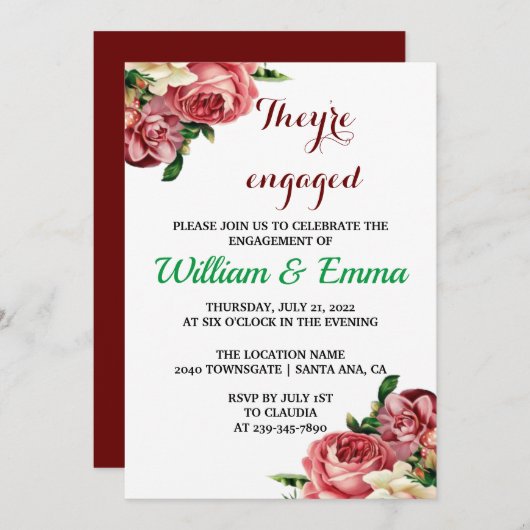Faire-part Ils sont engagés Blush Rose Floral Fiançailles (Devant / Derrière)