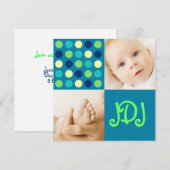 Faire-part Initiales Carré Points Bleus (Devant / Derrière)