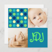 Faire-part Initiales du Carré Pointe Polka bleu (Devant / Derrière)