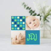 Faire-part Initiales du Carré Pointe Polka bleu (Debout devant)
