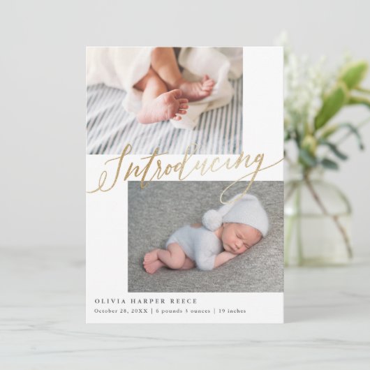 Faire-part Introduction Multi Photo Gold Script naissance (Debout devant)
