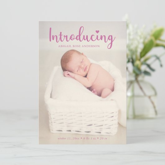 Faire-part Introduire la main Lettering rose bébé fille éléga (Debout devant)