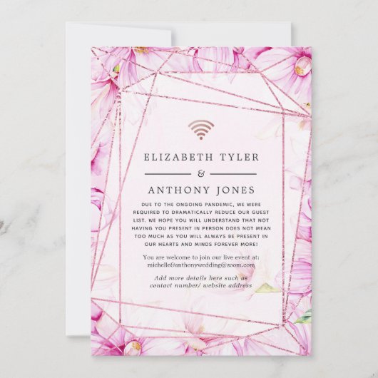 Faire-part Invité de mariage géométrique floral rose et or ro (Devant)