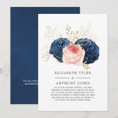 Faire-part Invité de mariage réduit Blush, Navy et floral dor (Devant / Derrière)