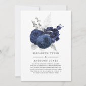 Faire-part Invité de mariage réduit Fleurs Bleu Marine et Arg (Devant)