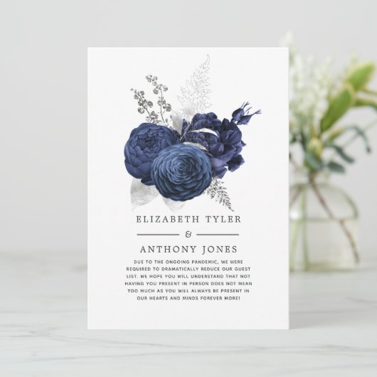 Faire-part Invité de mariage réduit Fleurs Bleu Marine et Arg (Debout devant)