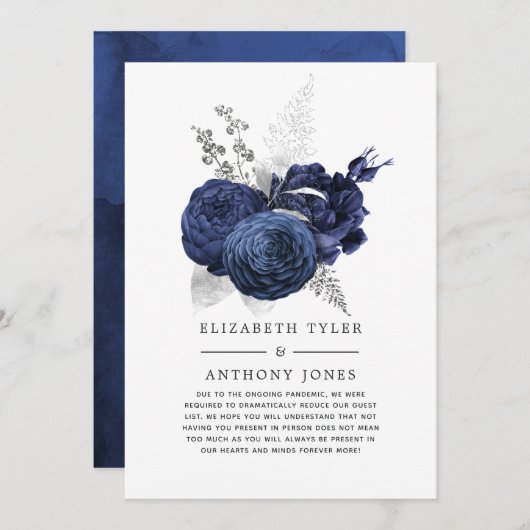 Faire-part Invité de mariage réduit Fleurs Bleu Marine et Arg (Devant / Derrière)