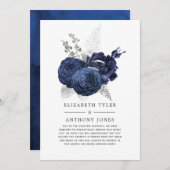 Faire-part Invité de mariage réduit floral bleu marine et arg (Devant / Derrière)