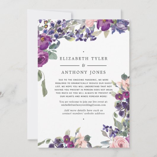 Faire-part Invités de mariage réduits aux fleurs violettes et (Devant)