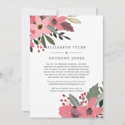 Faire-part Invités de mariage réduits avec des fleurs roses, (Devant)