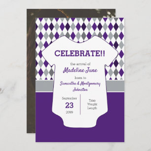 Faire-part Jacquard gris violet et argenté Motif bébé photo