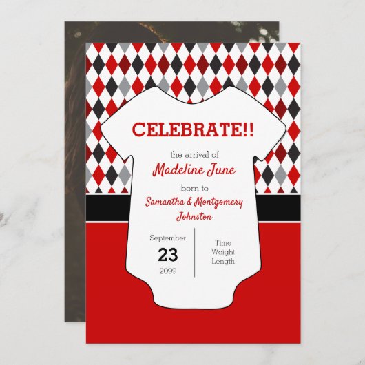 Faire-part Jacquard rouge et noir Motif photo bébé (Devant / Derrière)