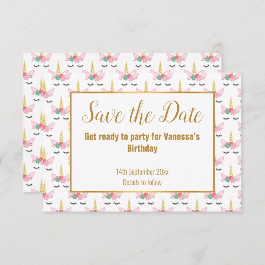 Faire-part Joli blanc Unicorn Horn SAVE DATE (Devant / Derrière)
