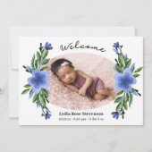 Faire-part Joli bleu Floral Oval Frame Photo Naissance (Devant)