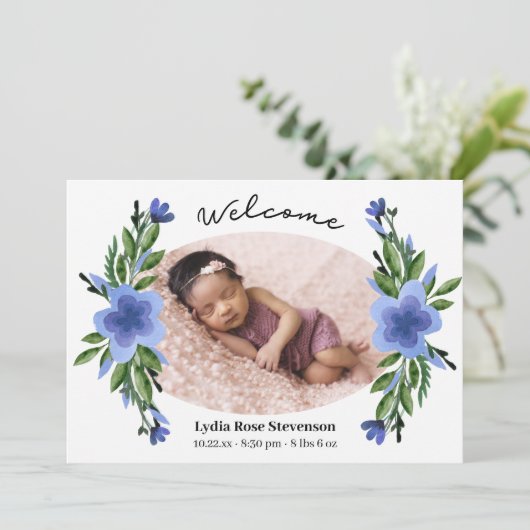Faire-part Joli bleu Floral Oval Frame Photo Naissance (Debout devant)