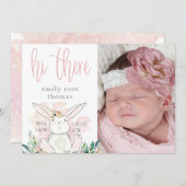 Faire-part Joli lapin en bois Script HI LÀ Bébé rose Fille (Devant / Derrière)