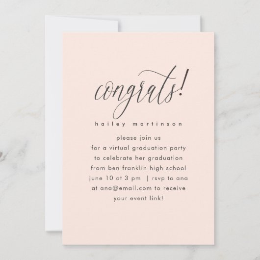 Faire-part Joli Script Blush Virtual Graduation Party Photo (Dos)