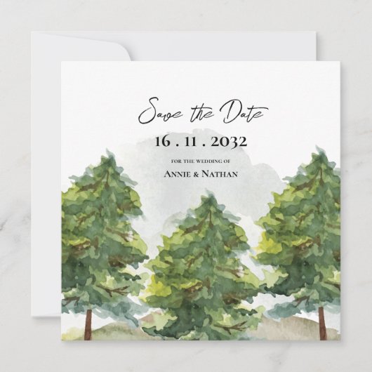 Faire-part Jolie aquarelle Arbres Paysage Monogramme Mariage (Devant)