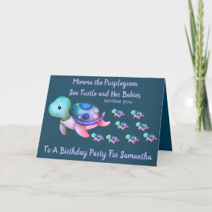 Faire-part Jolie Tortue de Mer Violet-vert & Bébés Anniversai