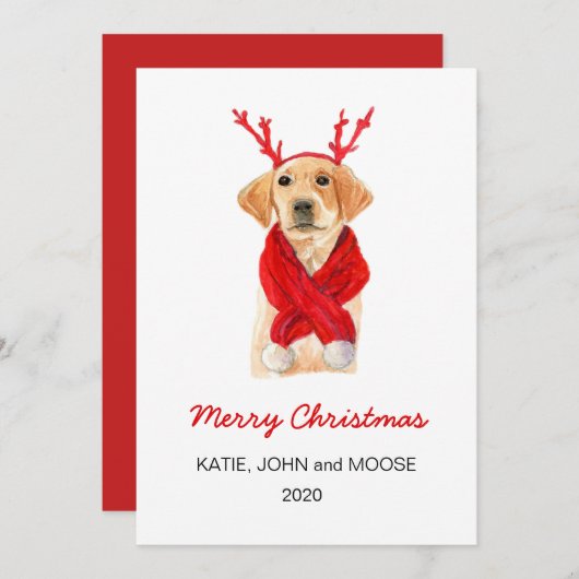 Faire-part Joyeux Noël 2020 Labrador Chiot en écharpe rouge (Devant / Derrière)