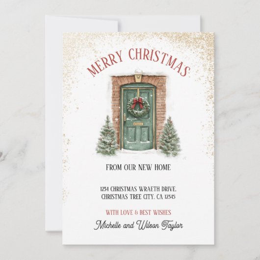 Faire-part Joyeux Noël de la nouvelle maison porte couronne (Devant)