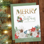 Faire-part Joyeux Noël de New Home Gold Green Moving<br><div class="desc">Elégante carte de faire-part mobile de vacances avec typographie décorative et bordures florales festives. Le design comprend des poinsettia, des cônes de pin, des roses blanches, des baies d'hiver, du coton, de l'eucalyptus et des sprigs de sapin. Le texte dit "joyeux noël de notre nouvelle maison" et vous pouvez le...</div>
