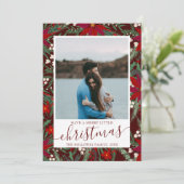 Faire-part Joyeux Noël floral rouge vert photo couple (Debout devant)