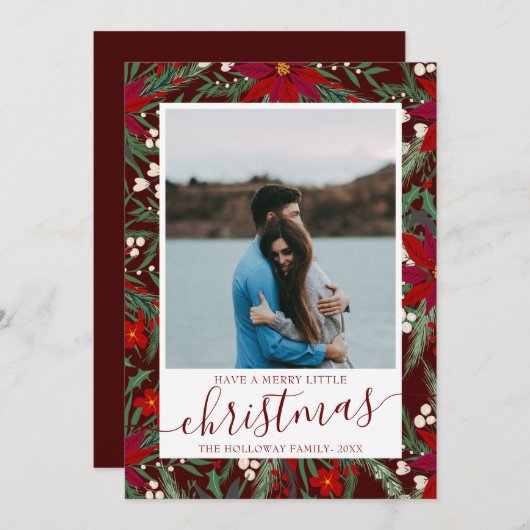 Faire-part Joyeux Noël floral rouge vert photo couple (Devant / Derrière)