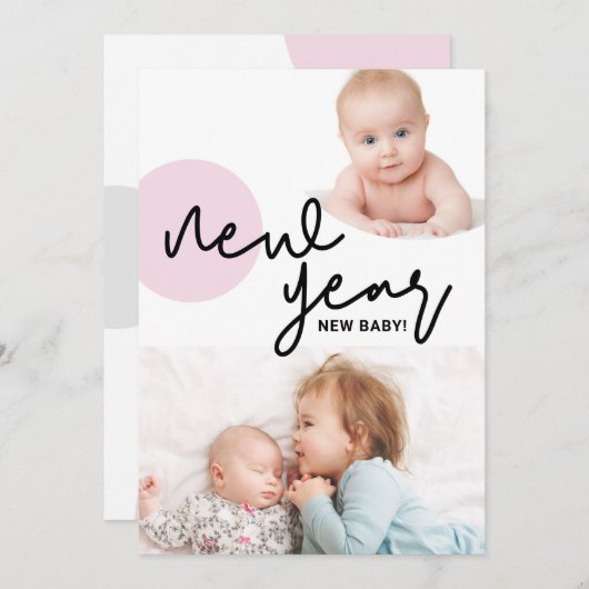 Faire-part Joyeux Nouvel An Nouvel Enfant Fille Rose 2e enfan (Devant / Derrière)