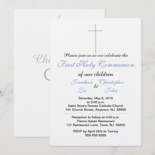 Faire-part jumeaux bleu pour première communion (Devant / Derrière)