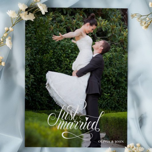 Faire-part Just Married Elegant Script Photos Wedding