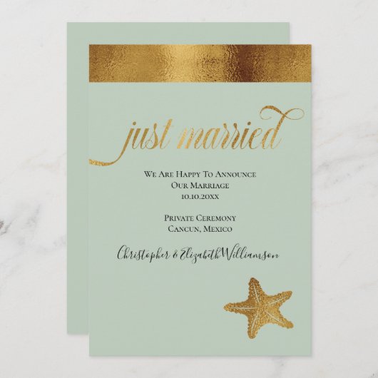 Faire-part Juste Marié Élégant Faux Gold Starfish Mint Green (Devant / Derrière)