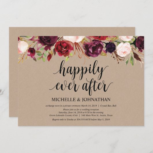 Faire-part Kraft de réception de mariage intime fl (Devant / Derrière)