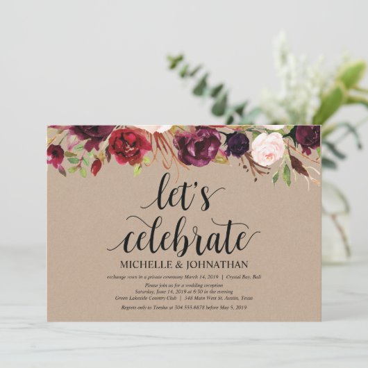 Faire-Part Kraft de Réception de Mariage Intime Fl (Debout devant)