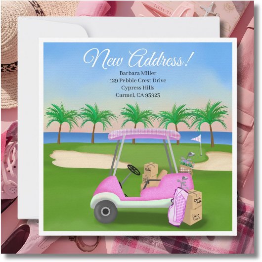 Faire-part Ladies Pink Golf Cart Moving Boxes Beach Golf