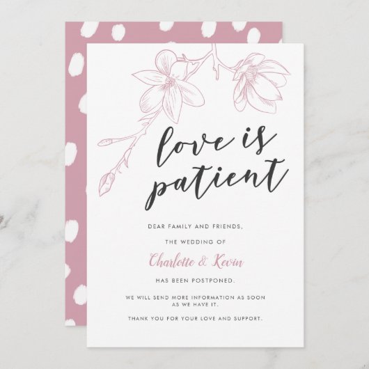 Faire-part L'Amour Est Patient Rose Floral Mariage Report (Devant / Derrière)