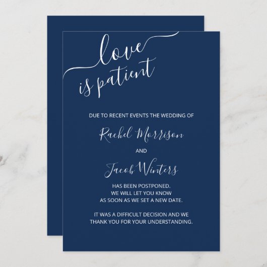 Faire-part L'amour est un report écrit Bleu et Blanc patient (Devant / Derrière)