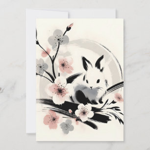 Faire-part Lapin à l'encre zen minimaliste Cerisier en fleurs