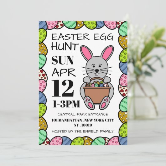 Faire-part Lapin de Pâques gris, Chasse aux Oeufs de Pâques (Debout devant)