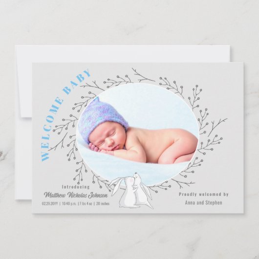 Faire-part Lapin gris bleu bébé garçon naissance (Devant)