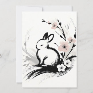Faire-part Lapin Zen Minimaliste de Printemps Cerisiers en Fl