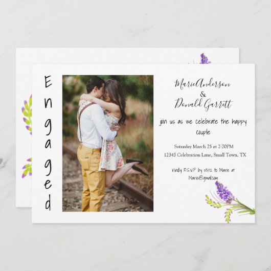 Faire-part Lavande d'aquarelle fiançailles et fleurs vertes (Devant / Derrière)