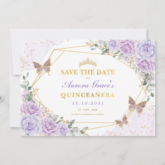 Faire-part Lavender Gold Roses Quinceanera Enregistrer la dat (Devant)