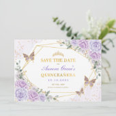Faire-part Lavender Gold Roses Quinceanera Enregistrer la dat (Debout devant)