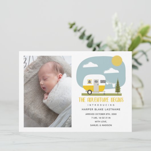Faire-part L'aventure commence Camper Jaune Naissance bébé (Debout devant)