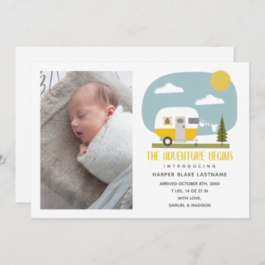 Faire-part L'aventure commence Camper Jaune Naissance bébé (Devant / Derrière)