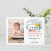 Faire-part L'aventure commence Pink Beach Camper Baby Birth (Debout devant)