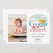 Faire-part L'aventure commence Pink Beach Camper Baby Birth (Devant / Derrière)