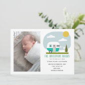 Faire-part L'aventure commence Turquoise Camper Baby Birth (Debout devant)