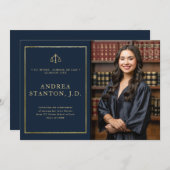 Faire-part Law School Graduation Gold Frame Photo Modern Navy (Devant / Derrière)